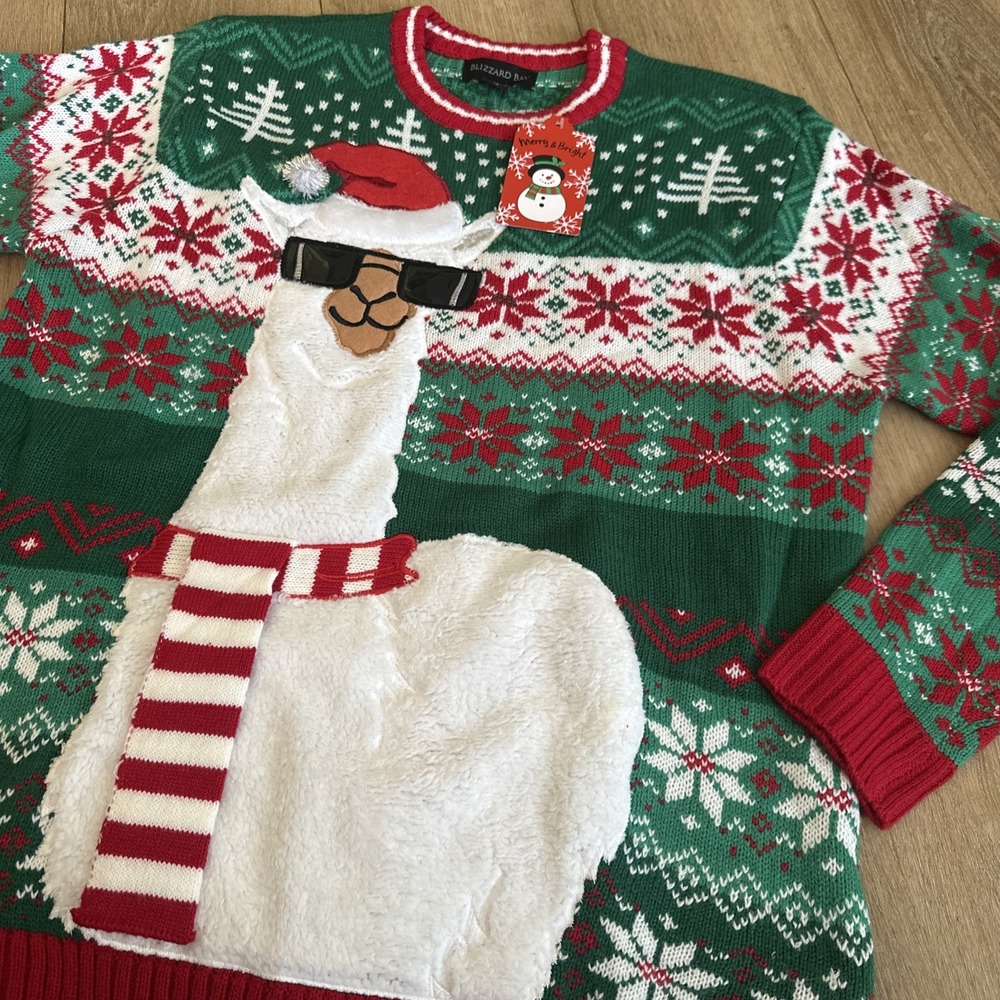 Blizzard Bay‎ Men's Med Green Ugly Christmas Sweater Cool Llama Sunglasses Santa